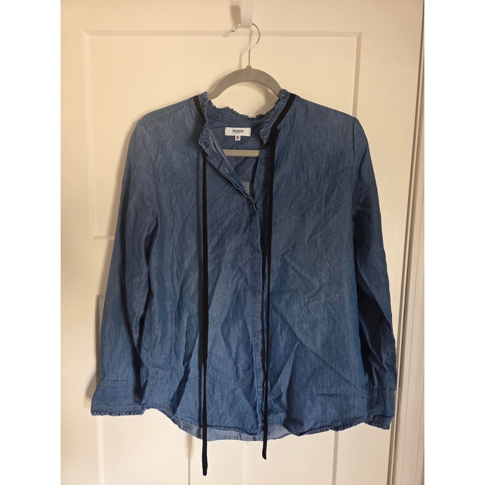 Kensie Jeans Womens Blue Chambray Ruffle Neck Tie Denim Shirt Top Size M